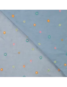Tissu, Chambray de Coton Brodé Fleurs, Bleu Chiné, Laize 135 cm, 100% Coton 130g/m² 2