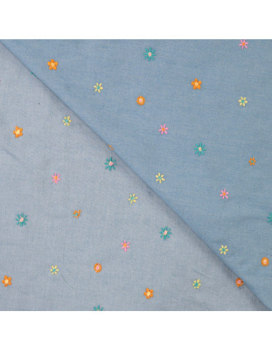 Tissu, Chambray de Coton Brodé Fleurs, Bleu Chiné, Laize 135 cm, 100% Coton 130g/m²