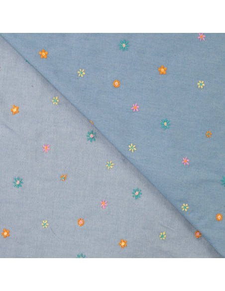 Tissu, Chambray de Coton Brodé Fleurs, Bleu Chiné, Laize 135 cm, 100% Coton 130g/m²