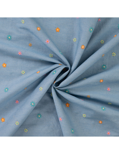 Tissu, Chambray de Coton Brodé Fleurs, Bleu Chiné, Laize 135 cm, 100% Coton 130g/m²