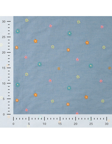 Tissu, Chambray de Coton Brodé Fleurs, Bleu Chiné, Laize 135 cm, 100% Coton 130g/m²