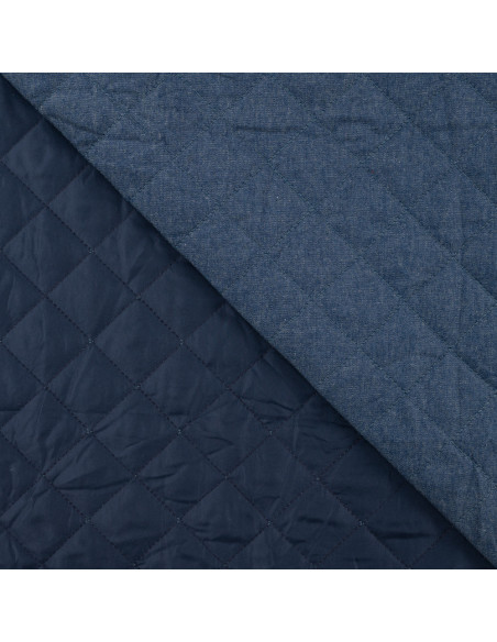 Tissu, Matelassé Chambray Uni Piquage Losange, Bleu Denim Chiné, Laize 145 cm, 50% Coton 50% Polyester 250g/m²