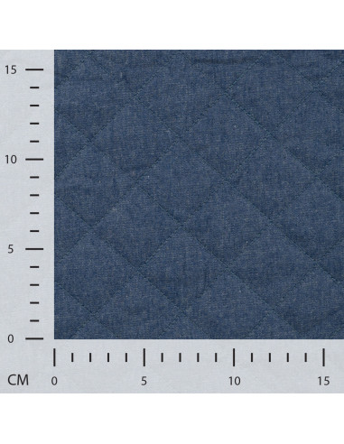 Tissu, Matelassé Chambray Uni Piquage Losange, Bleu Denim Chiné, Laize 145 cm, 50% Coton 50% Polyester 250g/m²