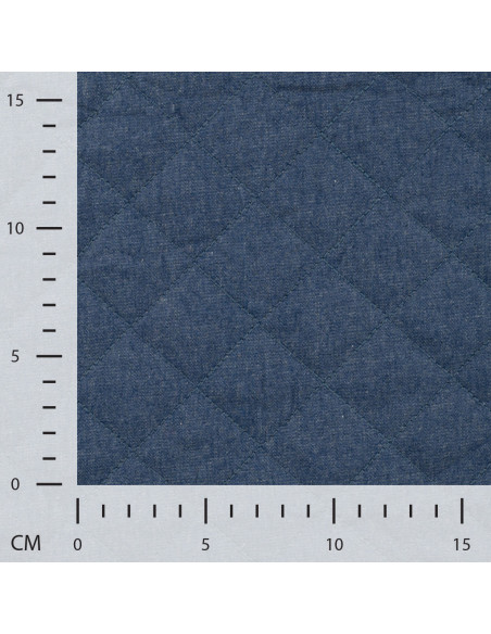 Tissu, Matelassé Chambray Uni Piquage Losange, Bleu Denim Chiné, Laize 145 cm, 50% Coton 50% Polyester 250g/m²