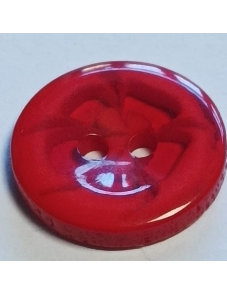Bouton polyester 2 trous, 14mm, rond rouge dessin fleur