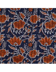 Tissu, Matelassé Réversible Fleurs Ethniques, Blue Cognac, Laize 135 cm, 100% Coton 240g/m² 2