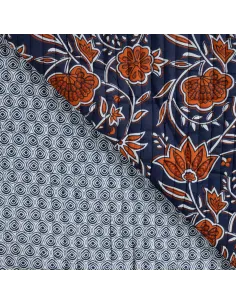 Tissu, Matelassé Réversible Fleurs Ethniques, Blue Cognac, Laize 135 cm, 100% Coton 240g/m²