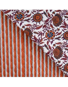 Tissu, Matelassé Réversible Fleurs & Rayures, Cognac Terracotta, Laize 140 cm, 100% Coton 240g/m²