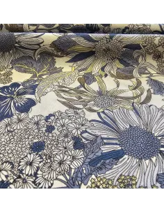 Tissu, Tencel & Lin Fleuri, Fleurs Jaunes & Bleues sur Fond Clair, Laize 145 cm, 95% Tencel 5% Lin 95g/m² 2