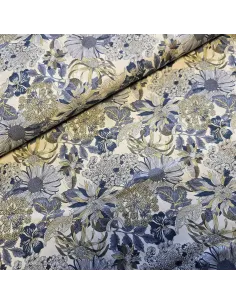 Tissu, Tencel & Lin Fleuri, Fleurs Jaunes & Bleues sur Fond Clair, Laize 145 cm, 95% Tencel 5% Lin 95g/m²