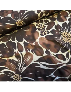 Tissu, Satin de Viscose Fleurs Stylisées, Marron Beige, Laize 150 cm, 100% Viscose 130g/m²