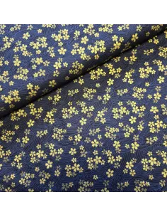 Tissu, Cretonne de Coton Japonisant Vagues et Fleurs, Bleu Noir Doré, Laize 140 cm, 100% Coton