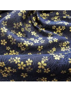 Tissu, Cretonne de Coton Japonisant Vagues et Fleurs, Bleu Noir Doré, Laize 140 cm, 100% Coton 2