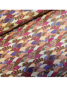 Tissu, Cretonne de Coton Japonisante, Vagues Multicolores Dorées, Laize 140 cm, 100% Coton