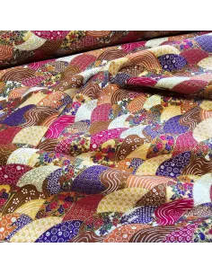 Tissu, Cretonne de Coton Japonisante, Vagues Multicolores Dorées, Laize 140 cm, 100% Coton 2
