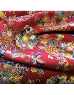 Tissu, Cretonne de Coton Japonisante Fleurs Papillons Dorures, Rouge Wasabi, Laize 140 cm, 100% Coton 2