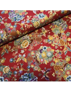Tissu, Cretonne de Coton Japonisante Fleurs Papillons Dorures, Rouge Wasabi, Laize 140 cm, 100% Coton
