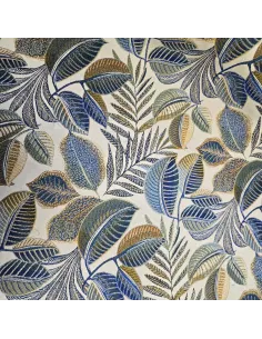 Tissu, Jacquard Feuillage Cacaoyer, Bleu, Jaune Ocre & Lurex sur Écru, Laize 140 cm, 71% Polyester 29% Coton