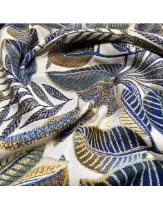 Tissu, Jacquard Feuillage Cacaoyer, Bleu, Jaune Ocre & Lurex sur Écru, Laize 140 cm, 71% Polyester 29% Coton 2