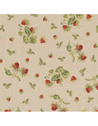 Tissu, Demi Natté Aspect Lin, Fraises Multicolores, Laize 140 cm, Coton Polyester 200g/m²