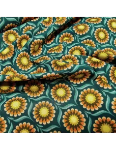 Tissu, Cretonne de Coton, Fleurs 70's, Vert Canard, Laize 150 cm, 100% Coton 115g/m² 2