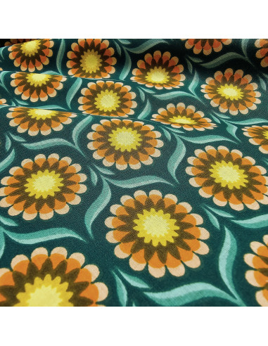 Tissu, Cretonne de Coton, Fleurs 70's, Vert Canard, Laize 150 cm, 100% Coton 115g/m²
