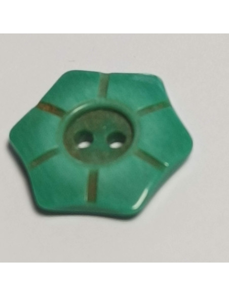 Bouton polyester 2 trous, fleur, 15 mm, vert