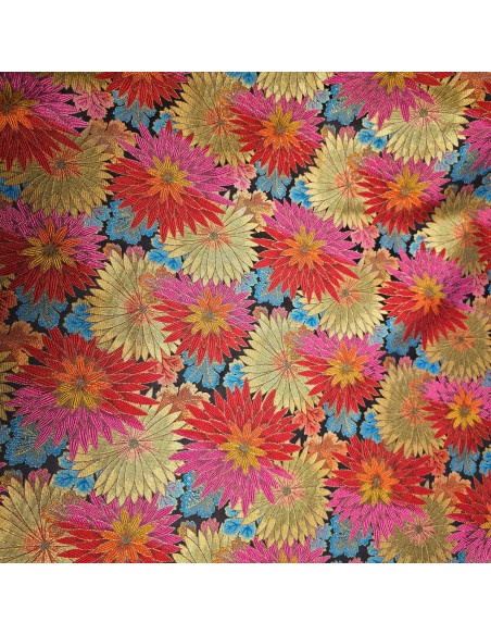 Tissu, Jacquard Floral Brocart, Multicolore sur Noir et Or, Laize 140 cm, Polyester Soie Viscose 284g/m²