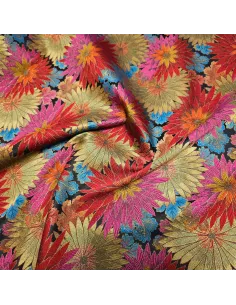 Tissu, Jacquard Floral Brocart, Multicolore sur Noir et Or, Laize 140 cm, Polyester Soie Viscose 284g/m² 2