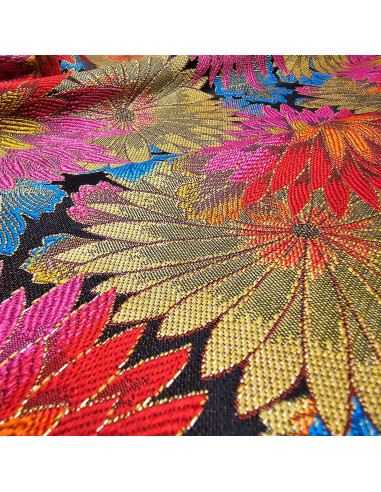 Tissu, Jacquard Floral Brocart, Multicolore sur Noir et Or, Laize 140 cm, Polyester Soie Viscose 284g/m²