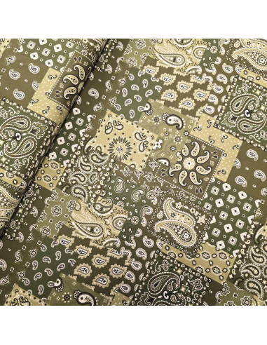 Tissu, Cretonne de Coton Imprimée Bandana, Kaki, Laize 150 cm, 100% Coton 115g/m²