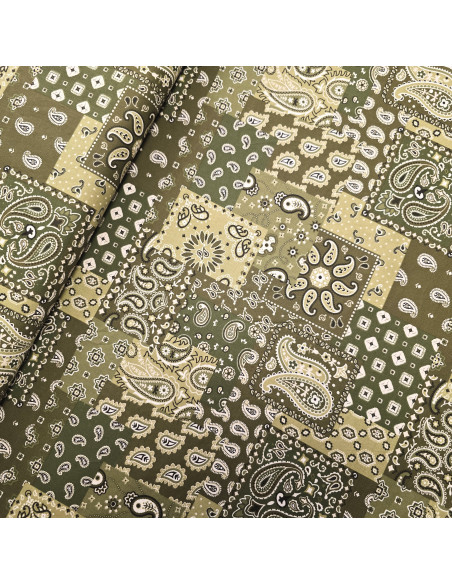 Tissu, Cretonne de Coton Imprimée Bandana, Kaki, Laize 150 cm, 100% Coton 115g/m²