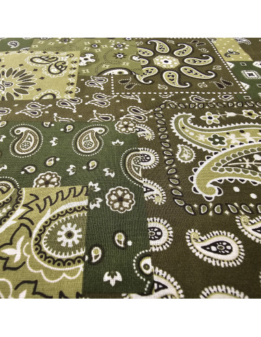 Tissu, Cretonne de Coton Imprimée Bandana, Kaki, Laize 150 cm, 100% Coton 115g/m²