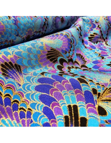 Cretonne Coton Japonisante Plumes de Paon Bleues OEKO-TEX | Zephyr Tissus
