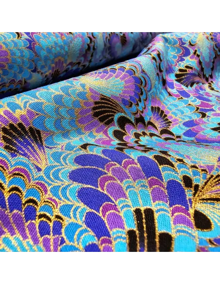 Cretonne Coton Japonisante Plumes de Paon Bleues OEKO-TEX | Zephyr Tissus