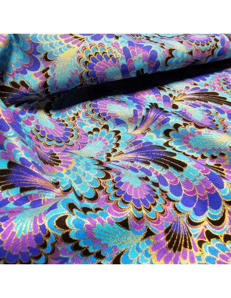 Cretonne Coton Japonisante Plumes de Paon Bleues OEKO-TEX | Zephyr Tissus