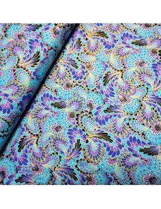 Cretonne Coton Japonisante Plumes de Paon Bleues OEKO-TEX | Zephyr Tissus