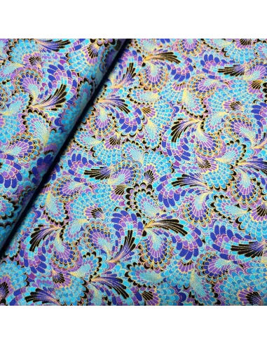 Cretonne Coton Japonisante Plumes de Paon Bleues OEKO-TEX | Zephyr Tissus