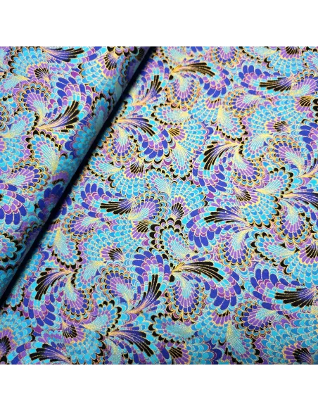 Cretonne Coton Japonisante Plumes de Paon Bleues OEKO-TEX | Zephyr Tissus