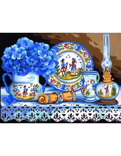 Canevas : 40x50 cm, Faïence et hortensias