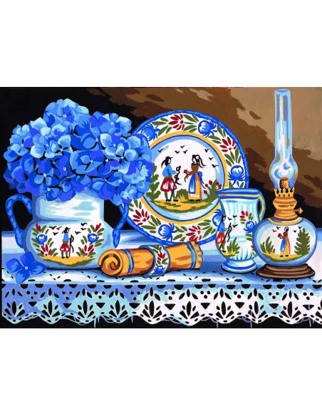 Canevas : 40x50 cm, Faïence et hortensias