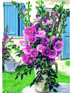 Canevas : 45x60 cm, Bouq./roses trémières