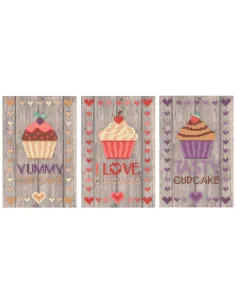 Tableau à broder : 10x15 cm, 3 TABLEAUTINS CUPCAKES LOT 2 | Zéphyr Tis