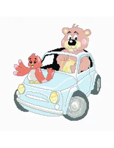 Petit ouvrage à broder : 20x20 cm, OURSON EN VOITURE | Zéphyr Tissus