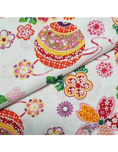 Tissu, Popeline de Coton Fleurie, Fleuri sur Fond Blanc, Laize 150 cm, 100% Coton