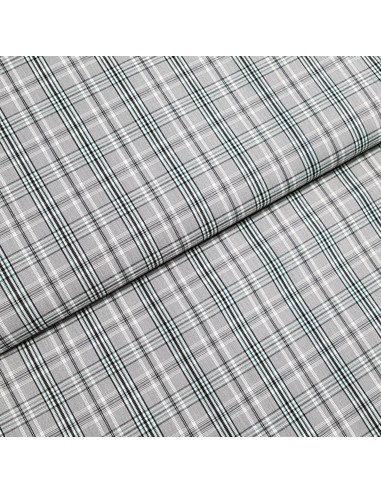 Tissu, Popeline de Coton Carreaux, Vert et Gris, Laize 150 cm, 100% Coton