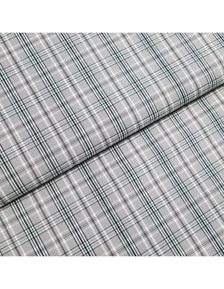 Tissu, Popeline de Coton Carreaux, Vert et Gris, Laize 150 cm, 100% Coton