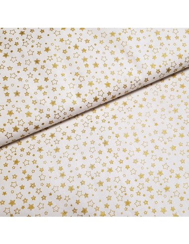Tissu, Popeline de Coton Étoiles Dorées, Blanc, Laize 150 cm, 100% Coton