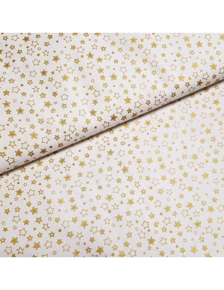 Tissu, Popeline de Coton Étoiles Dorées, Blanc, Laize 150 cm, 100% Coton