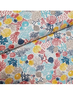Tissu, Cretonne de Coton Motif Corail, Corail sur Blanc, Laize 160 cm, 100% Coton